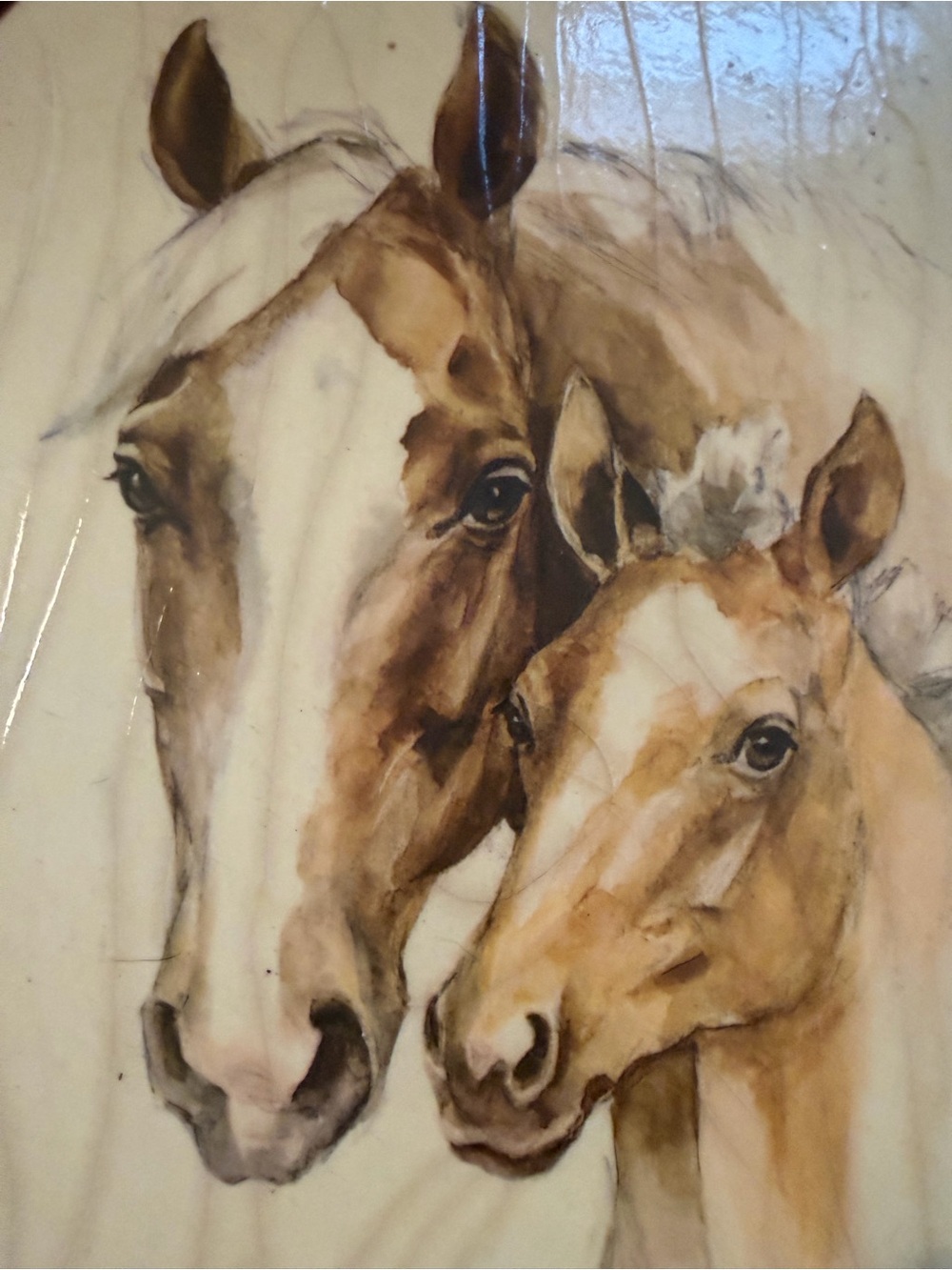Vintage Wooden Horse Mare Foal Signed Artwork 80s Farmhouse Decor
